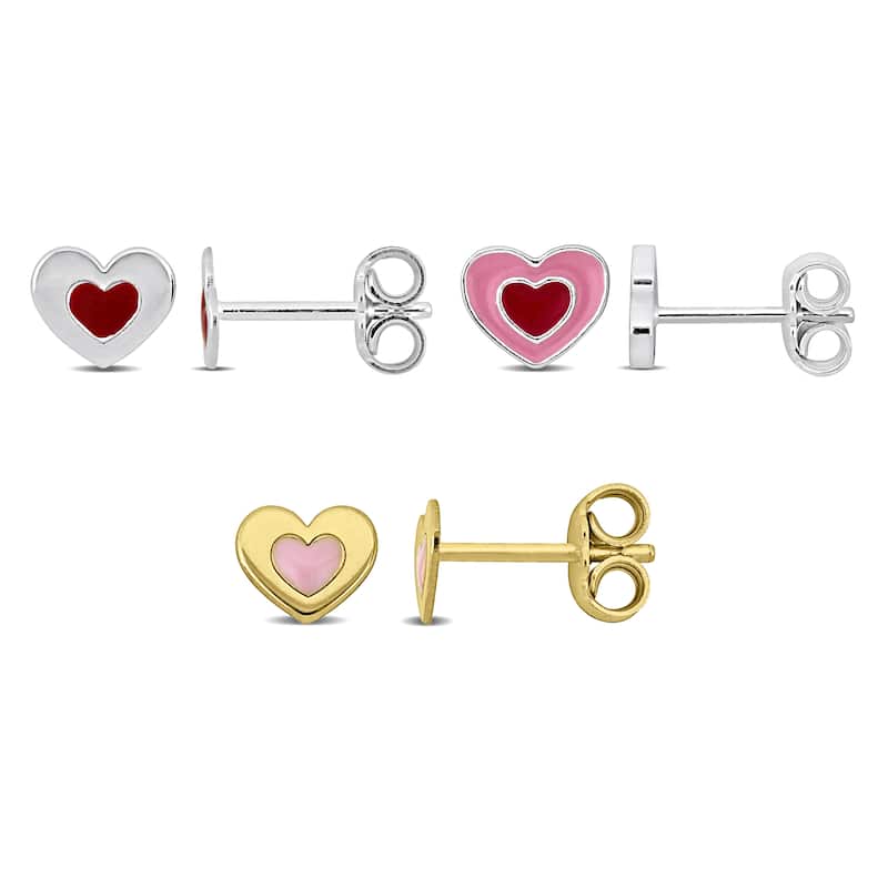 Miadora Children's Heart Enamel Stud Earrings 3-Piece Set White and Yellow Plated Silver