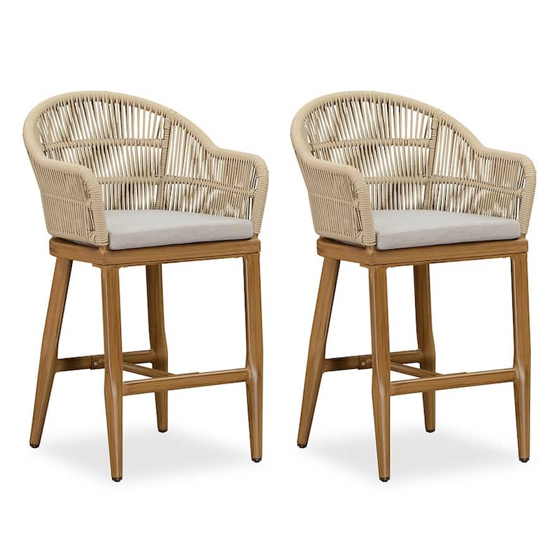 PURPLE LEAF Modern Rattan Bar Stools Set of 2 with Cushion and Back Counter Stools - Teak - Counter Height