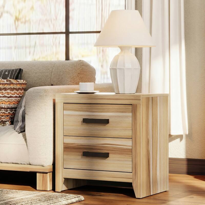 WAMPAT Farmhouse Nightstand with Dual Drawers - Rustic Brown