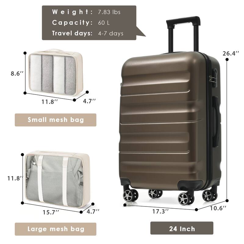 Hardshell ABS Luggage Set, 24-Inch Checked Suitcase with Spinner Wheels, Lightweight Travel Luggage with 2 Packing Cubes