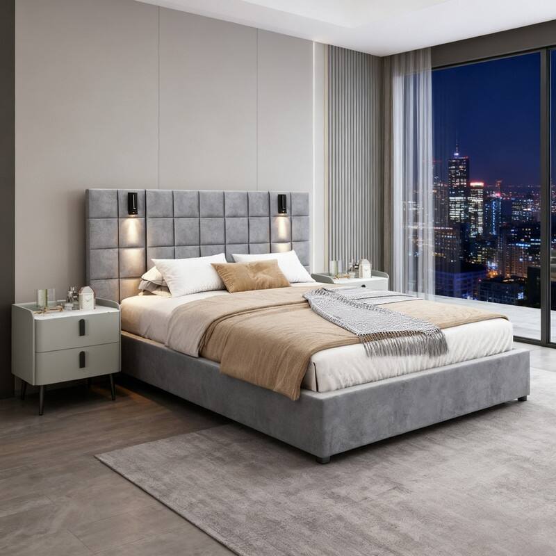 3-Pieces Bedroom Sets,Velvet Upholstered Bed with Grid Pattern Padded Headboard, Nightstands Set of 2 with 2 Drawers