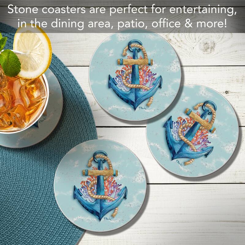 Submerged Anchor 4 Pack Absorbent Stone Coasters with Protective Cork Backing Made in The USA Absorbent Easily Wipes Clean