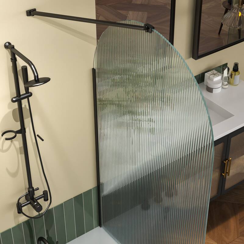 33''x 58'' Bathtub 8mmTempered Glass Frameless Shower Door, Fixed Glass Half Panel in Black/Gold