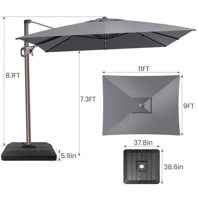Outdoor 11 x 9 FT Patio 360 Degree Rotation Cantilever Umbrella with 4-Piece Umbrella Base