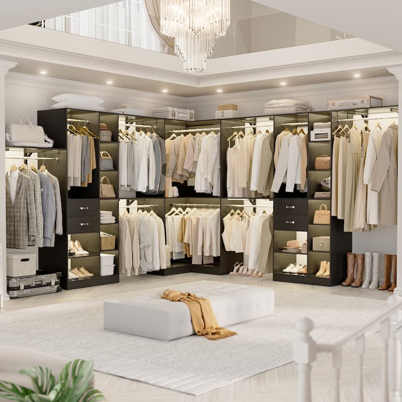 Rackcog 95'' - 188'' Closet System with Hanging Rods, Set of 3 Corner Closet Organizer with Drawers and Shelves