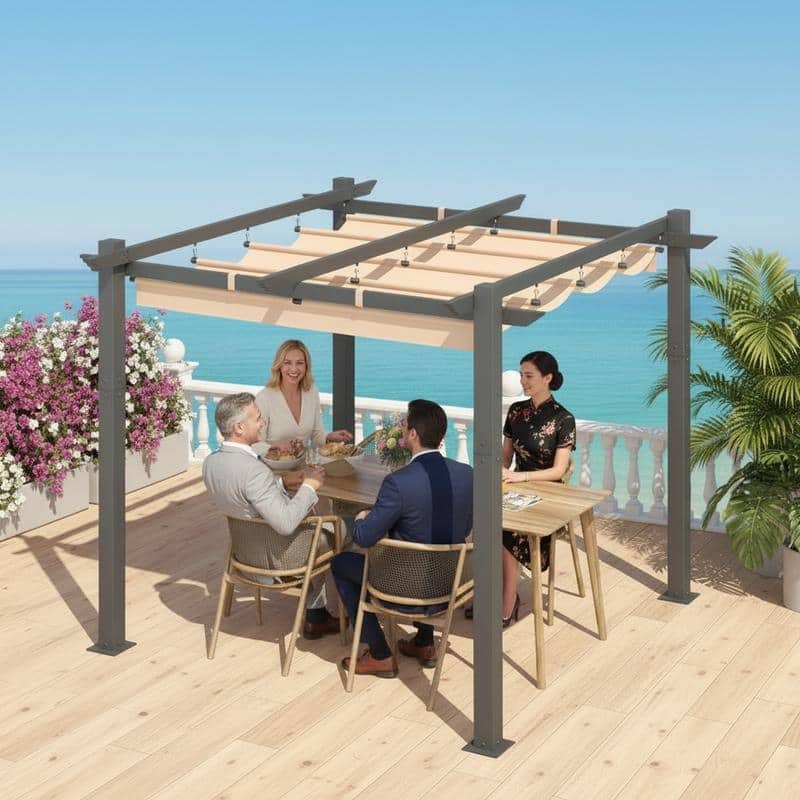 EROMMY 10' x 13' Outdoor Pergola with Retractable Canopy, Heavy-Duty Metal Frame and Adjustable Patio Shade Roof