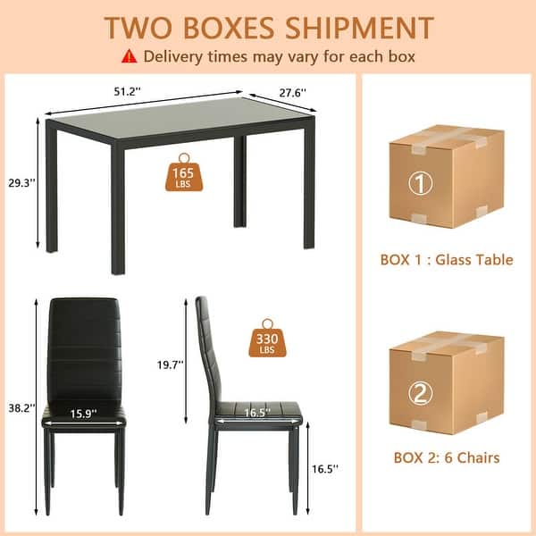 dimension image slide 2 of 3, Grondin Modern Style 7-Piece Dining Room Table Set with Tempered Glass Tabletop and 6 PU Leather Upholstered Chairs