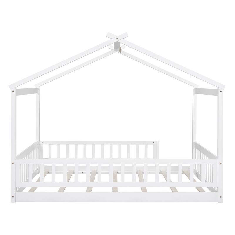 Full Size Wood Bed House Bed Frame with Fence, for Kids, Teens, Girls, Boys