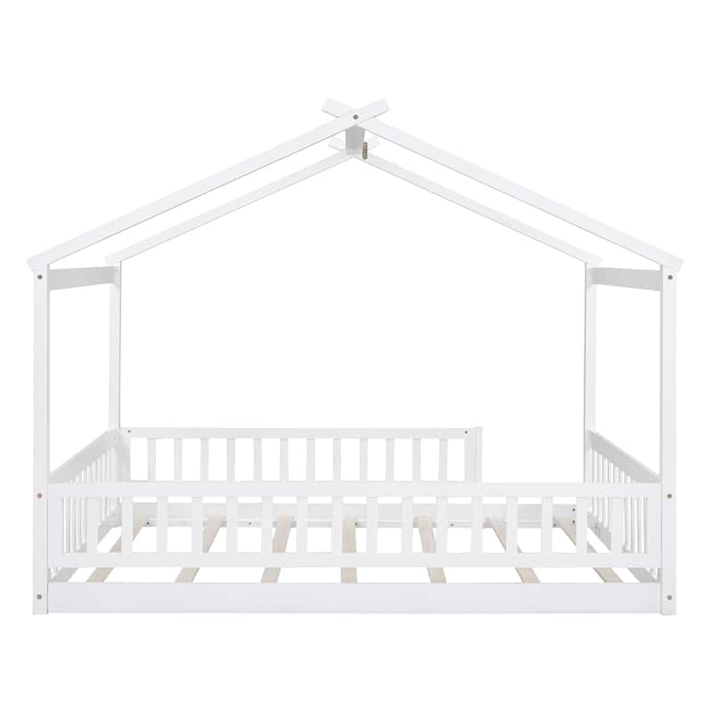 Full Size Wood House Bed Frame with Roof and Fence, for Kids, Teens, Girls, Boys