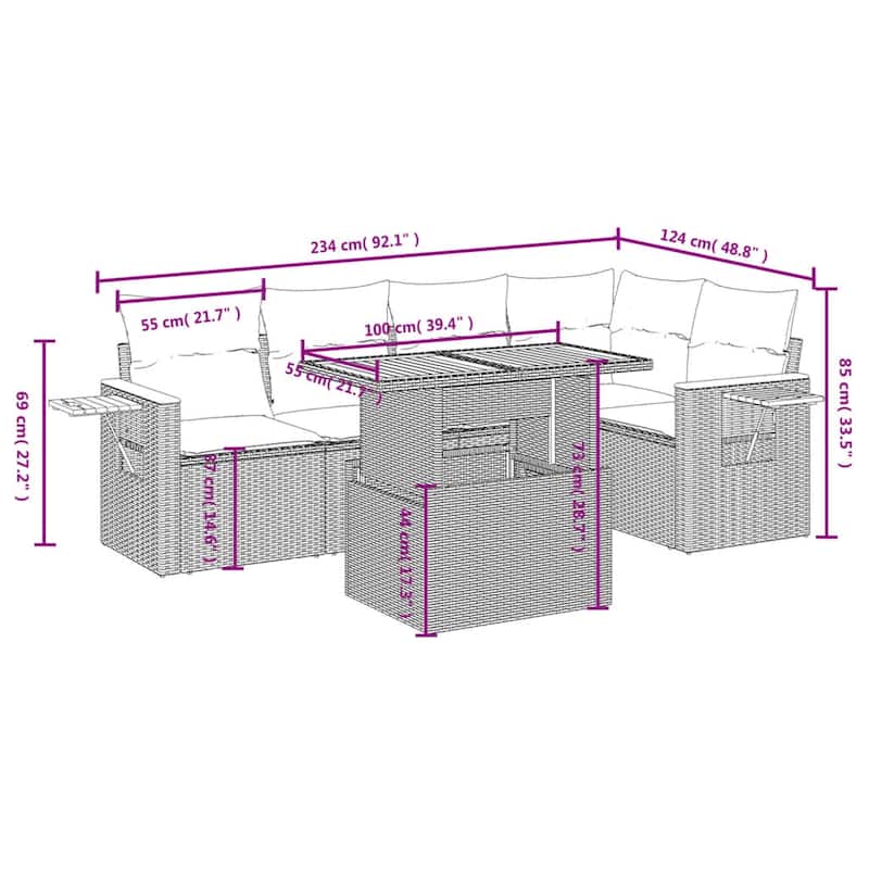 vidaXL Patio Sofa Set with Cushions Outdoor Furniture 6 Piece Poly Rattan - 21.7 x 24.4 x 27.2