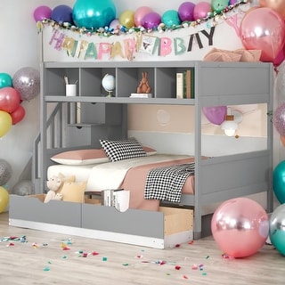 Modern Multi-function Twin over Full Bunk Bed With Shelfs,Storage Staircase and 2 Drawers,Sturdy Frame for Kids