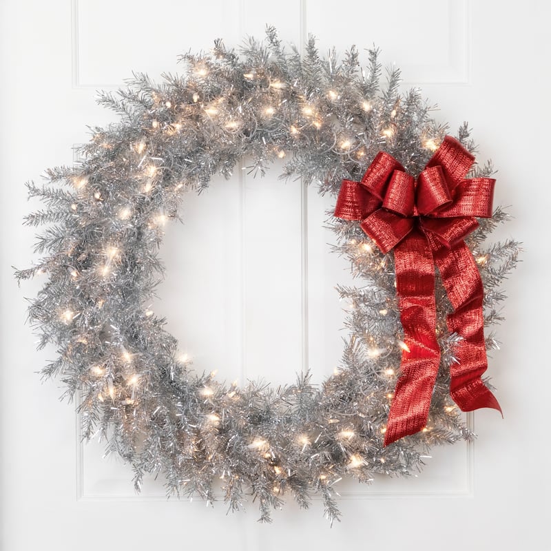 36" Pre-Lit Silver Tinsel Artificial Christmas Wreath Clear Lights