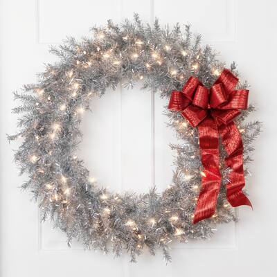 36" Pre-Lit Silver Tinsel Artificial Christmas Wreath Clear Lights