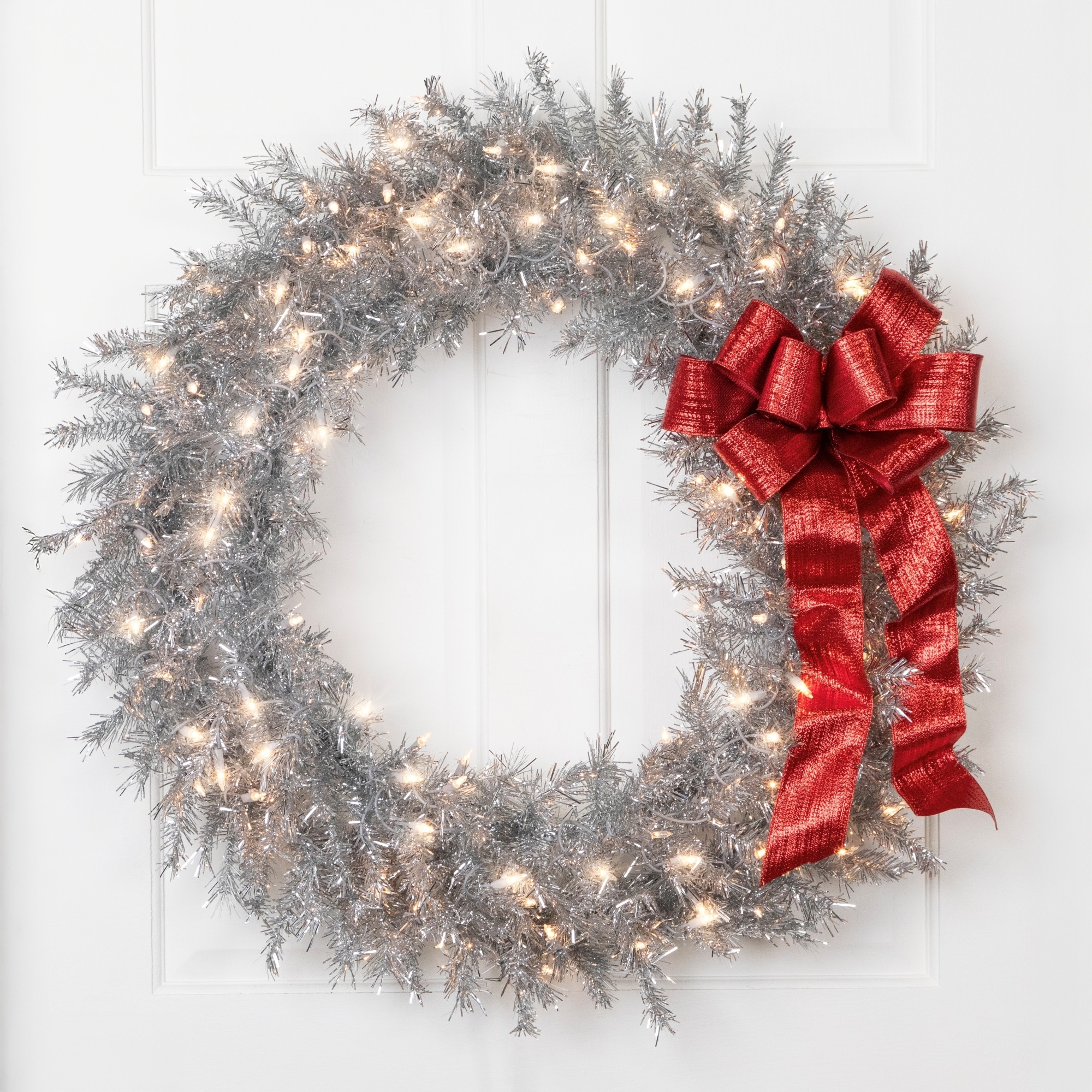 36" Pre-Lit Silver Tinsel Artificial Christmas Wreath Clear Lights