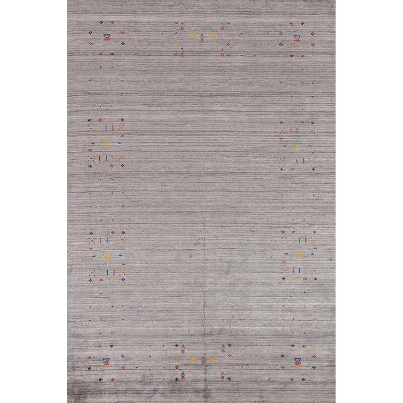 Gray & Green Striped Gabbeh Oriental Area Rug Handmade Silk Carpet - 5'2" x 7'10"