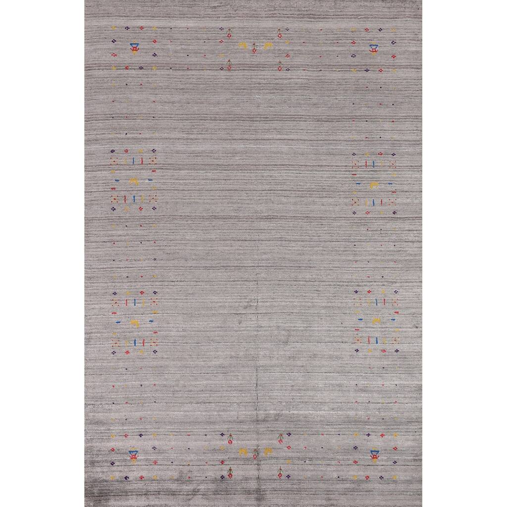 Gray & Green Striped Gabbeh Oriental Area Rug Handmade Silk Carpet - 5'2" x 7'10"