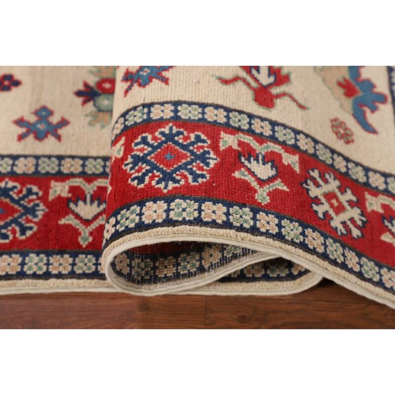 Geometric Ivory Kazak Accent Rug Hand-Knotted Wool Carpet - 3'11" x 5'11"