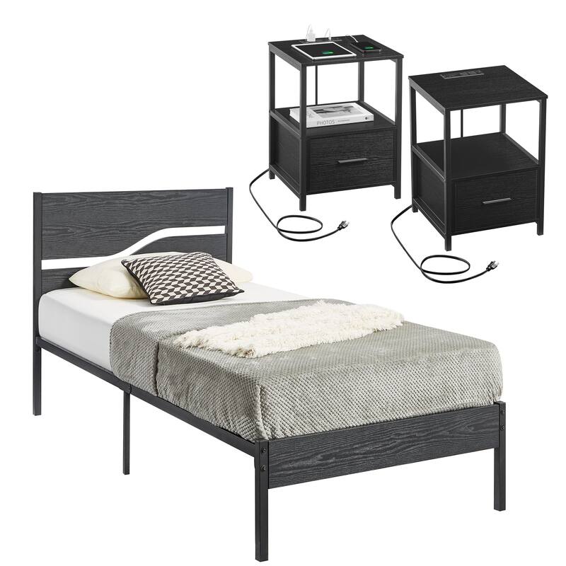 3-pieces Bedroom Set Platform Bed Frame Set of 2 Nightstands with Charging Station USB Port - Black Set - Twin