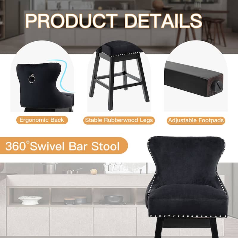 Set of 2 29" Bar Stools – 360° swivel, wood legs, fabric with pull ring, ideal for kitchens, pubs, or cafés - N/A