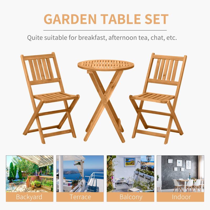 3-Piece Acacia Wood Bistro Set with 2 Folding Chairs and Coffee Table