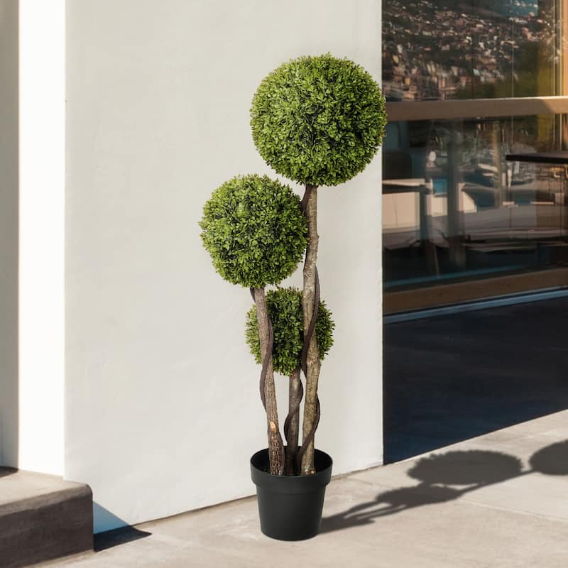 4FT Potted Fake Plant, Artificial Boxwood Topiary Tree, Triple Ball Tree For Indoor and Outdoor
