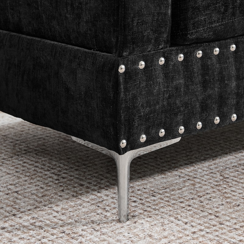 Chenille 3 Seater Couch L-shaped Sectional Sofa with Reversible Chaise, Storage Ottoman, Metal Legs, Copper Nails and 2 Pillows