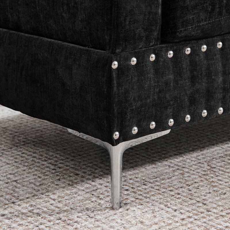 Chenille L-Shaped Sectional Sofa with Chaise & Storage Ottoman, Corner Sofa with 2 Pillows, Metal Legs & Copper Nails