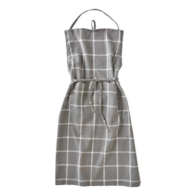 Classic Check Slub Bib Apron with Large Pocket and Waist Tie Grey, One Size Fits Most, Machine Wash, Grey