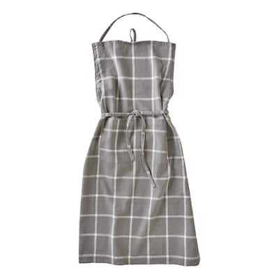 Classic Check Slub Bib Apron with Large Pocket and Waist Tie Grey, One Size Fits Most, Machine Wash, Grey