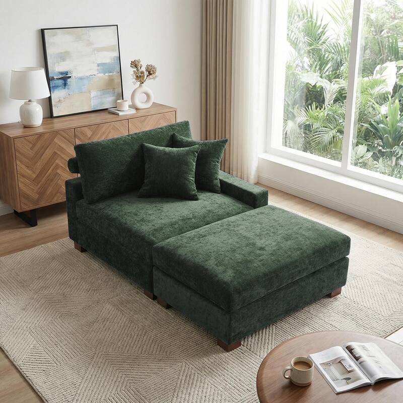 Modern Chenille Chaise Lounge Set with Ottoman