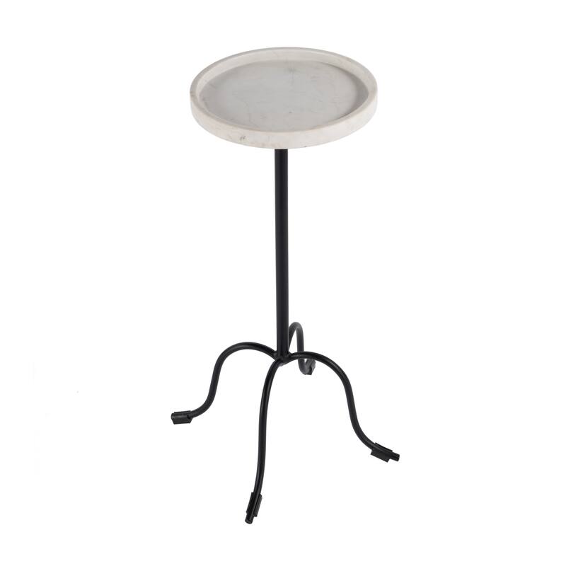 HomeRoots 25" White and Black Marble and Iron Round Pedestal End Table - 10.00 in. x 25.00 in. x 10.00 in.