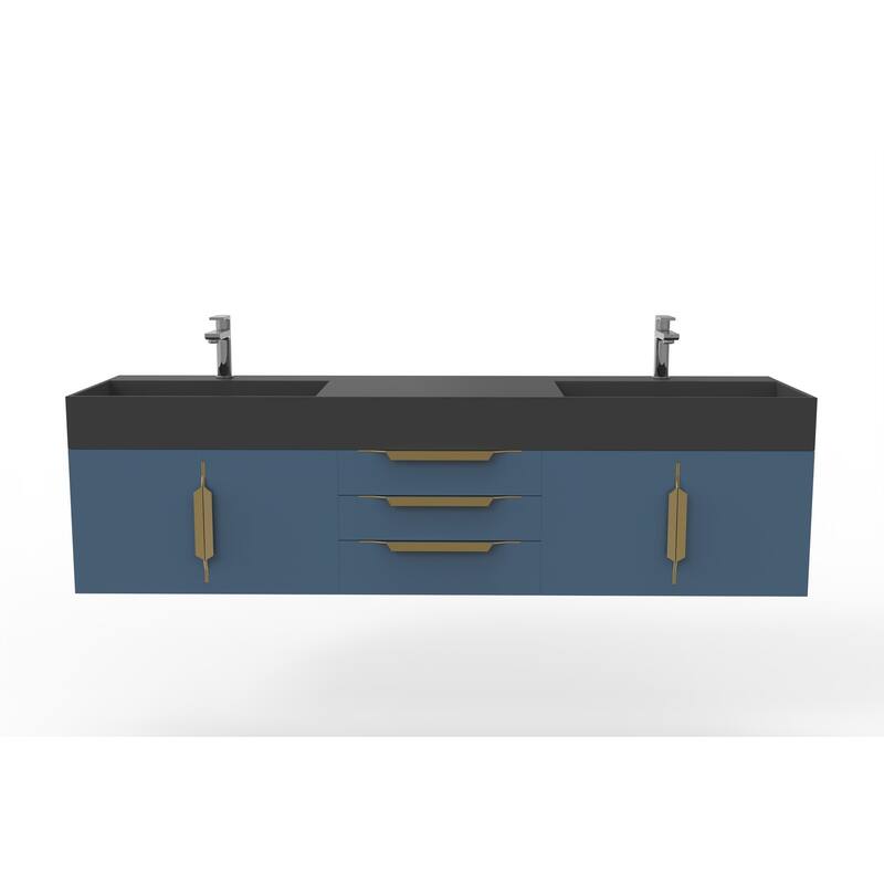 Amazon 72" Wall Mounted Bathroom Vanity Set w/ Black Top - Blue - Gold Finish