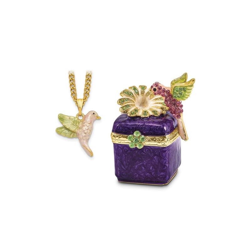 Curata Pewter Crystals Gold-Tone Enameled Harlow Purple Box/Flower/Hummingbird Trinket Box on 18 Inch Necklace