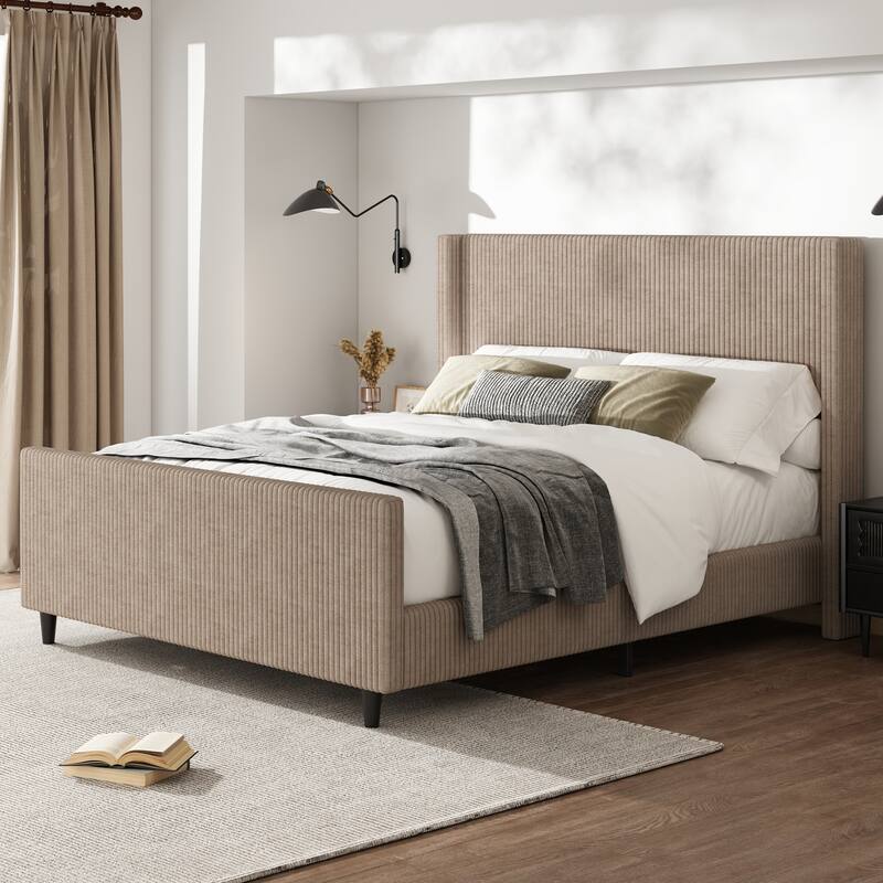 50.7" tall Corduroy upholstered bed frame with vertical textured wingback headboard