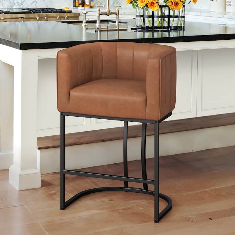 Modern 26.in Counter Height Stool Low Back Upholstered/PU Leather Barrel Bar Stool with Metal Frame - Set of 4 - Brown&Black/Faux Leather