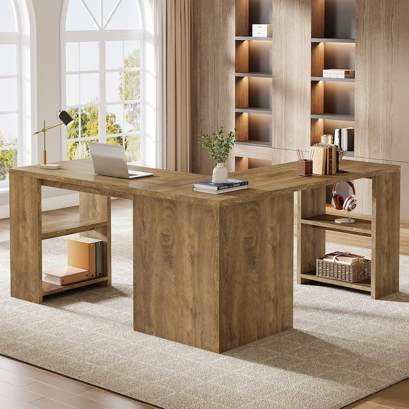 59" L Shaped Executive Desk, Office Computer Desks with Storage Shelves - Brown