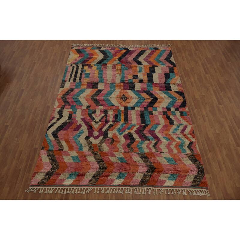 Hand Knotted Oriental 100% Wool Carpet Modern Geometric Multi-Colored Moroccan Area Rug - 12' 11'' X 8' 9''