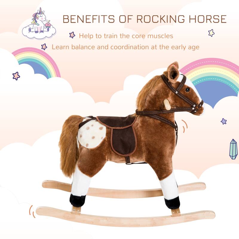 Kids Plush Rocking Horse with Authentic Neigh Sounds, Saddle, and Stirrup for 3-8 Years Old - Comfortable Velvet Fabric