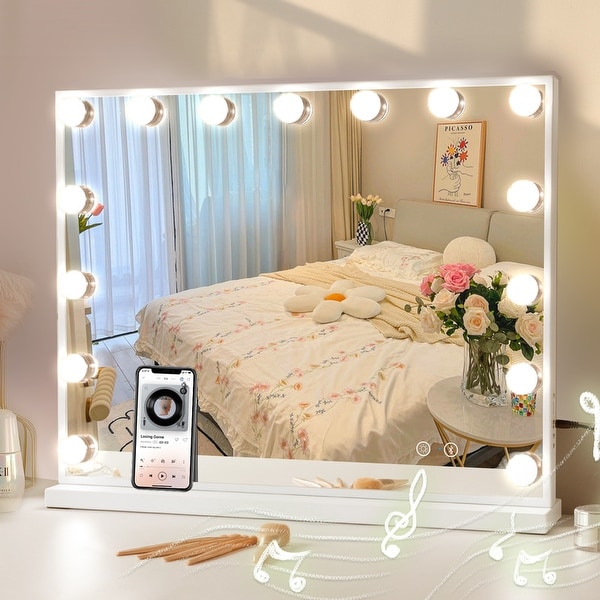 VANITII Large Hollywood Vanity Makeup Mirror with 15 LED Bulbs 3 Color Lights Bluetooth Tabletop Wall Mount Metal White