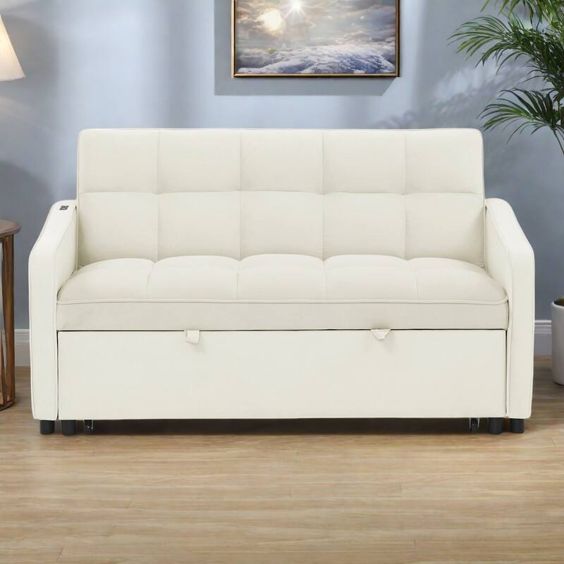 53" Foam Adjustable Loveseat Sofa Bed with Pull-Out Bed, USB/Type-C Charging, Copper Nail Trim, and Arm Storage Pockets - Beige