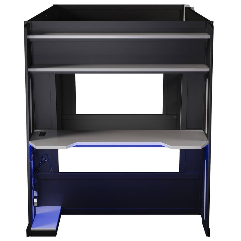 Gaming Bunk Bed with Computer Desk, Storage Shelves, USB Port and LED Strip Lighting, Esports Design, Wooden Gaming Bed