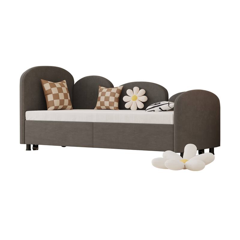 Twin Size Velvet Upholstered Daybed, Platform Bed Frame with Flower Design, Trundle Ideal for Bedroom and Guest Room
