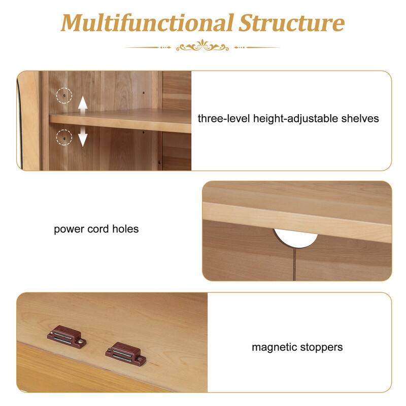 Retro Style Wood Buffet Sideboard with 4 Arched Glass Doors, Kitchen Storage Side Cabinet with Adjustable Shelves
