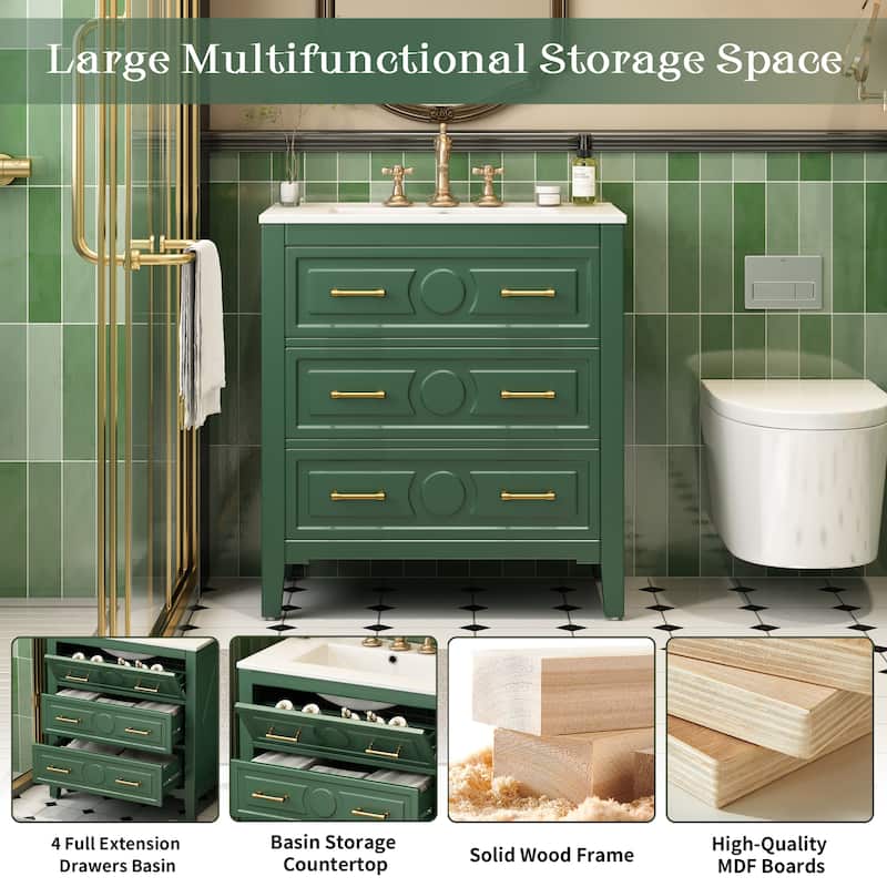 30" Bathroom Vanity with Ceramic Sink Combo, Freestanding Single Sink Bathroom Cabinet with 3 Drawers