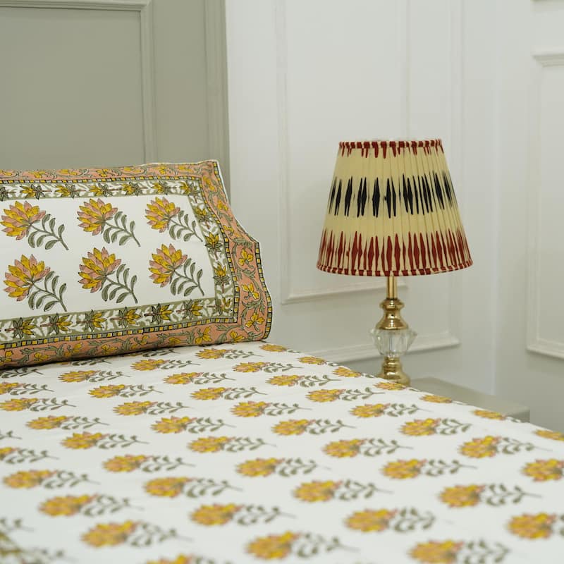 Fabdivine Cotton Hand Block Floral Flat Sheet Bed Room Home Décor Accent Gift - Summer Flower- Mustard, Green - Twin