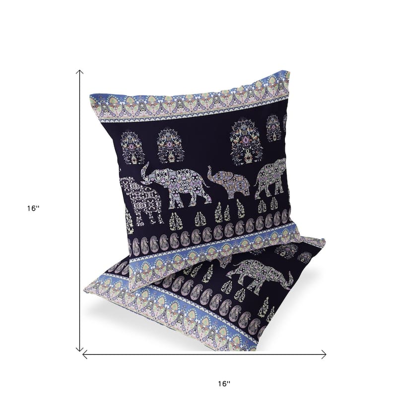 HomeRoots Set of Two 16" X 16" Blue and Purple Elephant Blown Seam Paisley Indoor Outdoor Throw Pillow