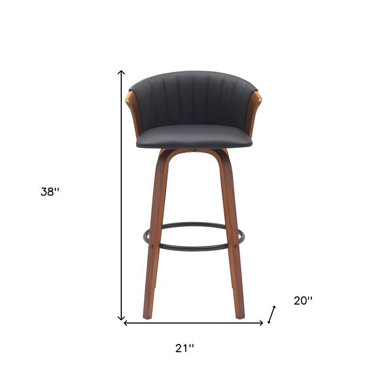 HomeRoots 30" Black And Wood Brown Faux Leather Swivel Bar Height Bar Chair