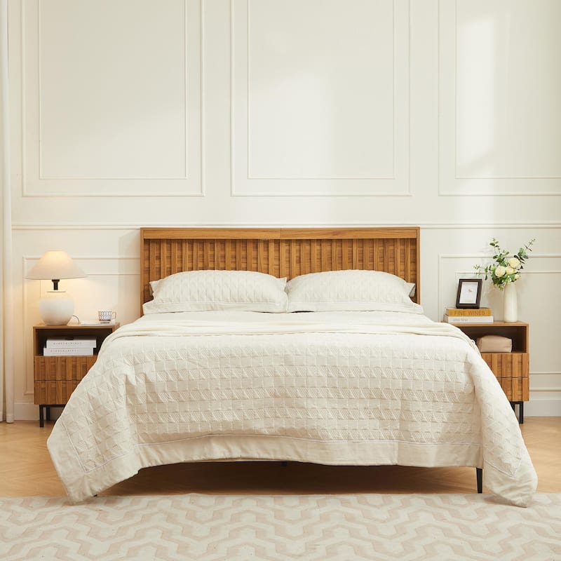 Mid Century Woodgrain Nightstand Pair 2 Drawers Bedside Table