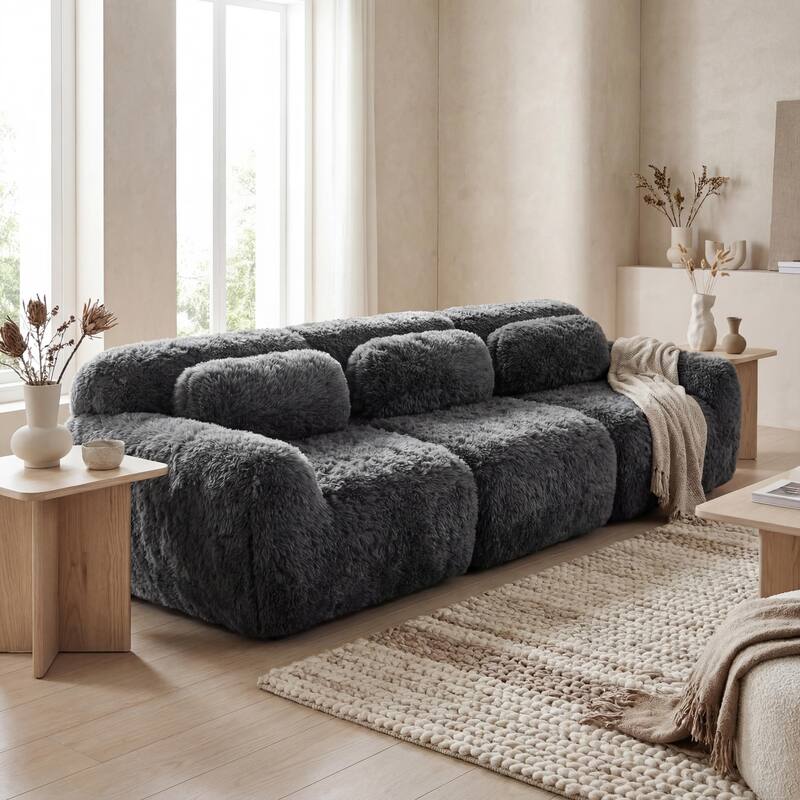 Homy Casa Modular Sectional Sofa, Dark Grey Plush Fabric with Non-Slip Base, No Assembly Living Room Couch with Pillows - G04