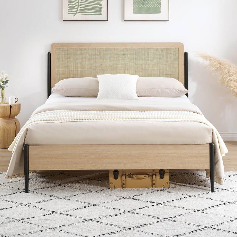 Rattan Bed Frame with Natural Rattan Headboard